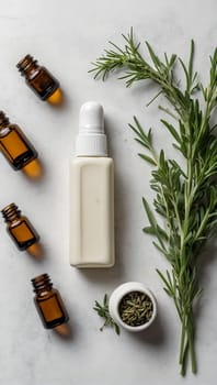 Aesthetic essential oil flatlay blank mockup on white background. Cosmetic container for advertising template.
