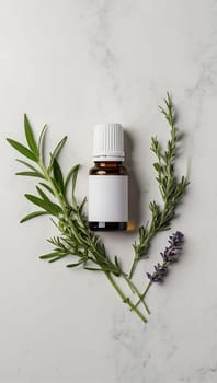 Aesthetic essential oil flatlay blank mockup on white background. Cosmetic container for advertising template.