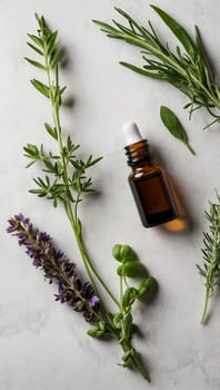 Aesthetic essential oil flatlay blank mockup on white background. Cosmetic container for advertising template.