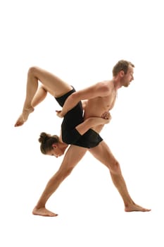 Paired gymnastics. Man and girl perform support, isolated on white