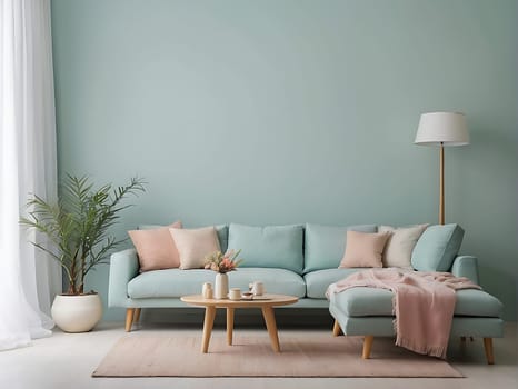 Aesthetic minimalist Scandinavian interior design with empty wall mockup in pastel color theme.