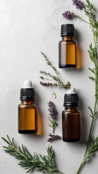 Aesthetic essential oil flatlay blank mockup on white background. Cosmetic container for advertising template.