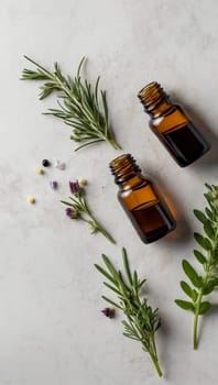 Aesthetic essential oil flatlay blank mockup on white background. Cosmetic container for advertising template.