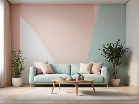 Aesthetic minimalist Scandinavian interior design with empty wall mockup in pastel color theme.