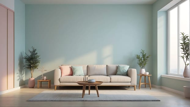 Aesthetic minimalist Scandinavian interior design with empty wall mockup in pastel color theme.