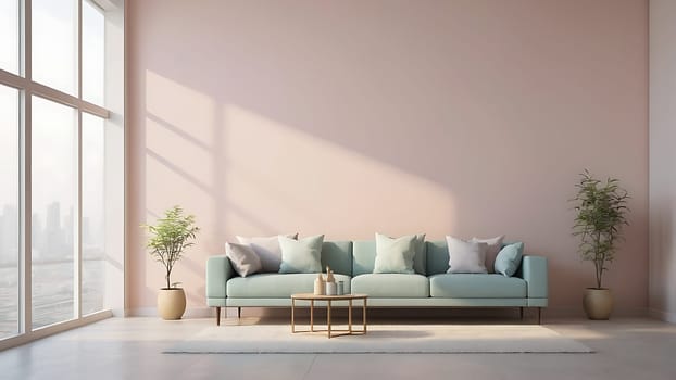 Aesthetic minimalist Scandinavian interior design with empty wall mockup in pastel color theme.