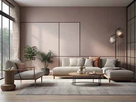 Aesthetic minimalist Scandinavian interior design with empty wall mockup in pastel color theme.