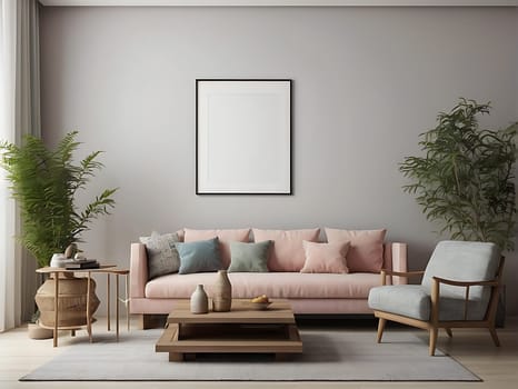 Aesthetic minimalist Scandinavian interior design with empty wall mockup in pastel color theme.