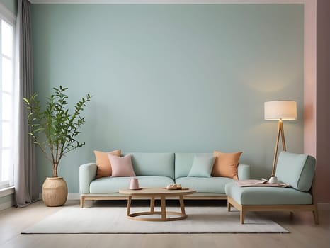 Aesthetic minimalist Scandinavian interior design with empty wall mockup in pastel color theme.