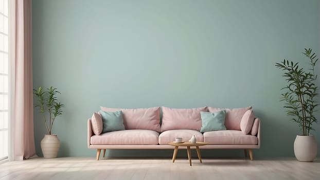 Aesthetic minimalist Scandinavian interior design with empty wall mockup in pastel color theme.