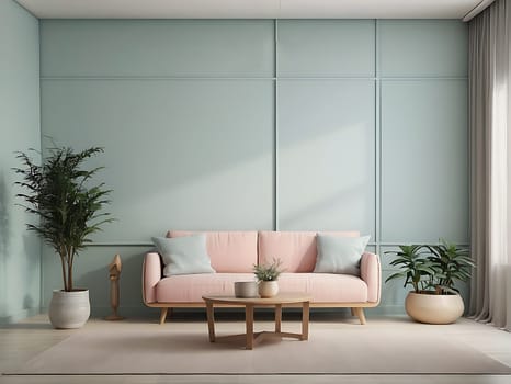 Aesthetic minimalist Scandinavian interior design with empty wall mockup in pastel color theme.