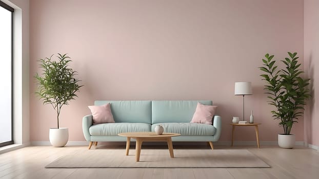 Aesthetic minimalist Scandinavian interior design with empty wall mockup in pastel color theme.