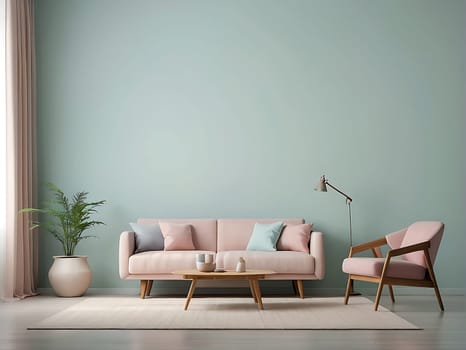 Aesthetic minimalist Scandinavian interior design with empty wall mockup in pastel color theme.