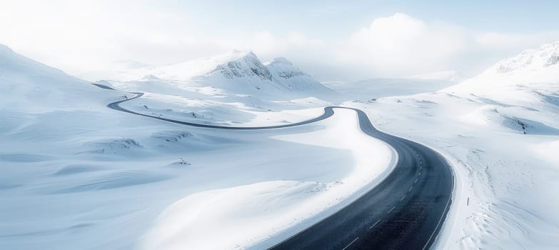 A winding road cuts through snowy mountains, framed by stunning peaks in the background, creating a beautiful landscape