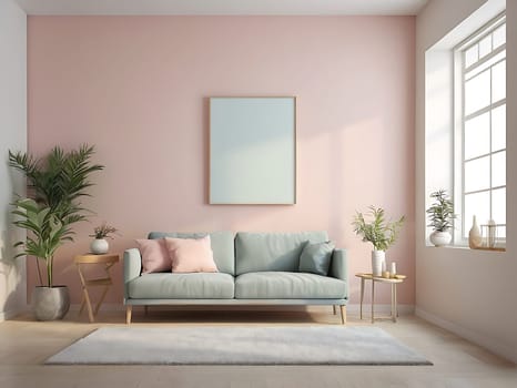 Aesthetic minimalist Scandinavian interior design with empty wall mockup in pastel color theme.