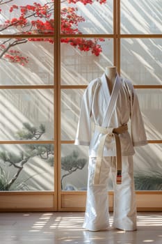 A mannequin dressed in a white karate uniform is positioned in front of a window, showcasing the outfit