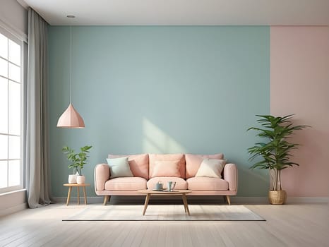 Aesthetic minimalist Scandinavian interior design with empty wall mockup in pastel color theme.