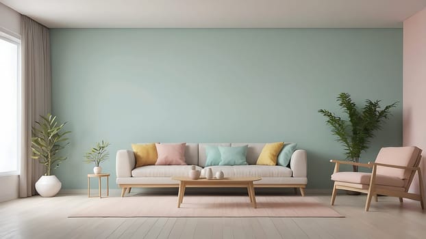 Aesthetic minimalist Scandinavian interior design with empty wall mockup in pastel color theme.