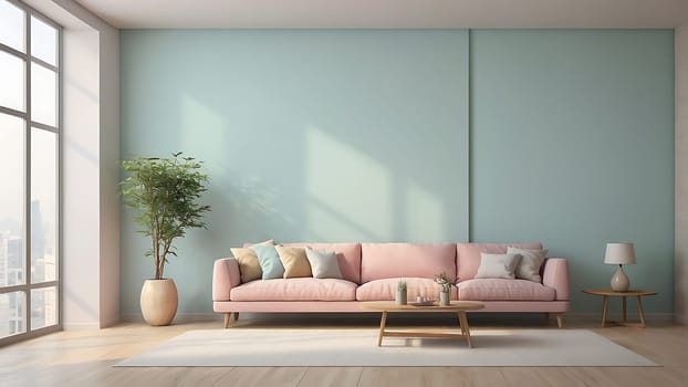 Aesthetic minimalist Scandinavian interior design with empty wall mockup in pastel color theme.