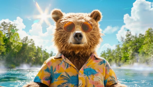 In the water, a bear with sunglasses and a shirt sits, appearing happy in its natural terrestrial environment