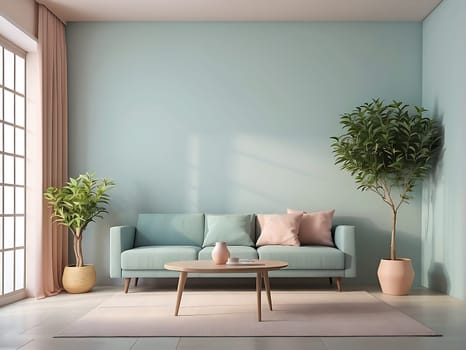 Aesthetic minimalist Scandinavian interior design with empty wall mockup in pastel color theme.