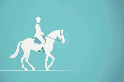 A man rides a white horse with equine gear, including halter, bridle, saddle, and reins on a blue background