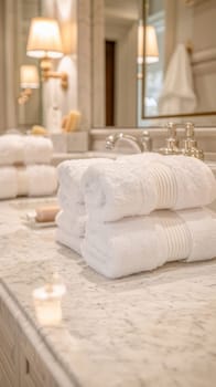 The meticulously organized display of white towels on the bathroom counter elevates its aesthetic charm