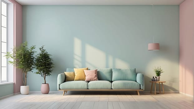 Aesthetic minimalist Scandinavian interior design with empty wall mockup in pastel color theme.