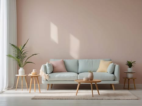 Aesthetic minimalist Scandinavian interior design with empty wall mockup in pastel color theme.