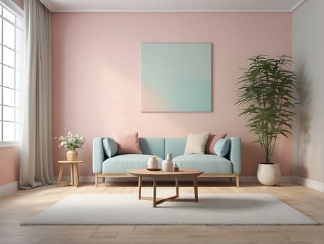 Aesthetic minimalist Scandinavian interior design with empty wall mockup in pastel color theme.