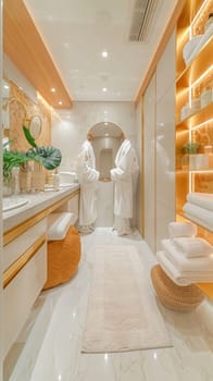 Two individuals wearing bathrobes are in a house bathroom with wooden floors and artistic ceiling decor