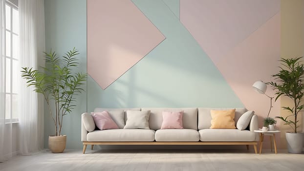 Aesthetic minimalist Scandinavian interior design with empty wall mockup in pastel color theme.