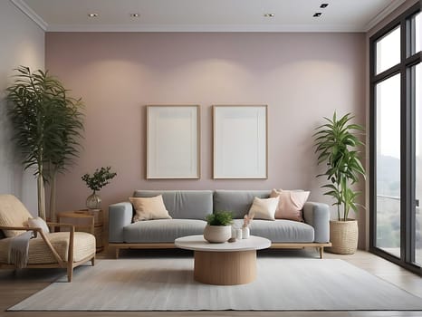 Aesthetic minimalist Scandinavian interior design with empty wall mockup in pastel color theme.