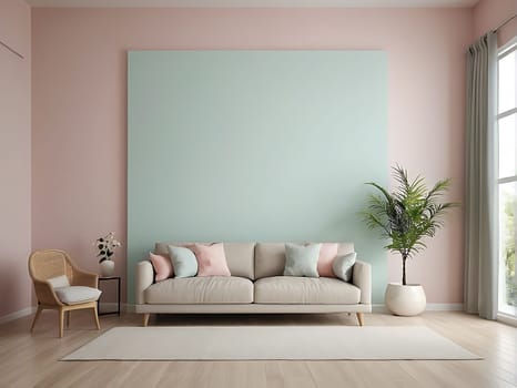 Aesthetic minimalist Scandinavian interior design with empty wall mockup in pastel color theme.