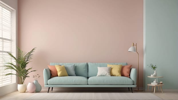 Aesthetic minimalist Scandinavian interior design with empty wall mockup in pastel color theme.