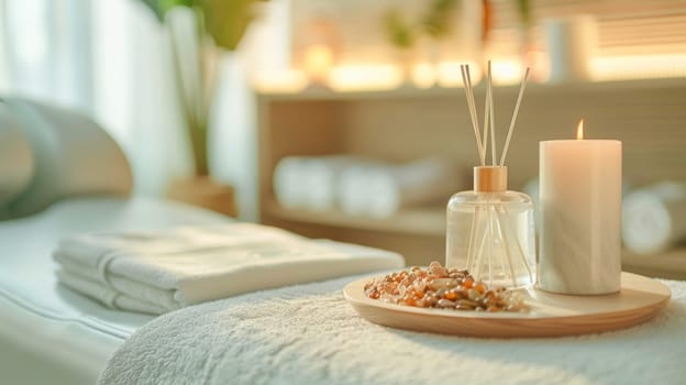 In a tranquil spa setting, a candle elegantly sits on a wooden tray placed on a table, creating a soothing ambiance