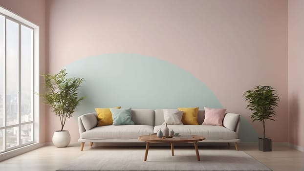 Aesthetic minimalist Scandinavian interior design with empty wall mockup in pastel color theme.