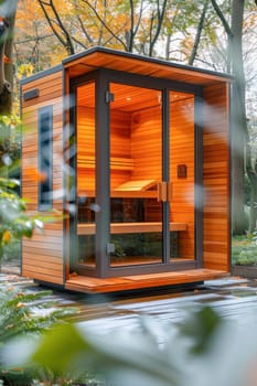 In the heart of the forest stands a wooden sauna with a glass door, blending into natures serenity