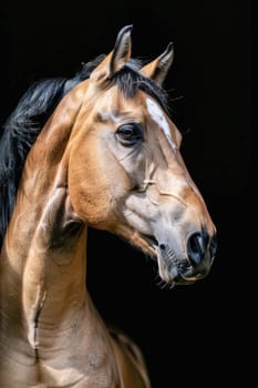 A closeup image showing the head of a chestnut horse with a dark background, emphasizing its features