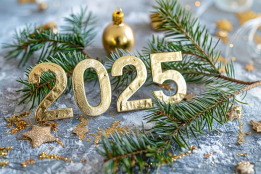 The numbers 2025, crafted from gold, are adorned with Christmas decorations like ornaments and a tree