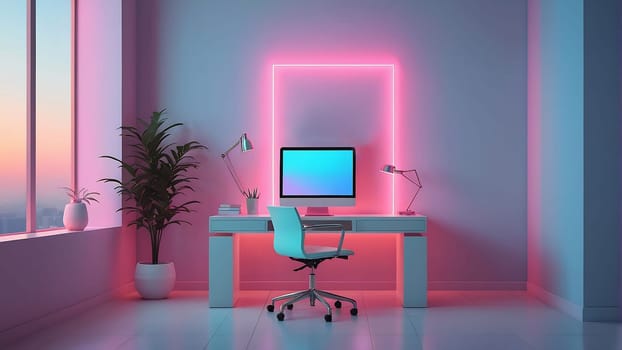 Aesthetic minimalist Cyberpunk interior design with empty wall mockup in vibrant neon color theme.