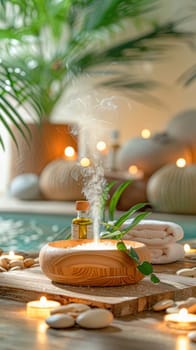 At the spa table, candles and towels are neatly arranged, creating a serene ambiance with a tranquil atmosphere