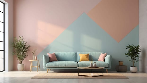 Aesthetic minimalist Scandinavian interior design with empty wall mockup in pastel color theme.