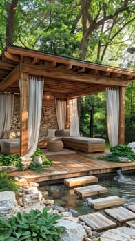 A wooden gazebo with white curtains stands in the garden near a pond, surrounded by natural landscape elements