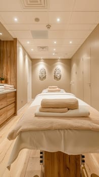 The room contains several massage tables with towels, provided for guest use, creating a relaxing atmosphere