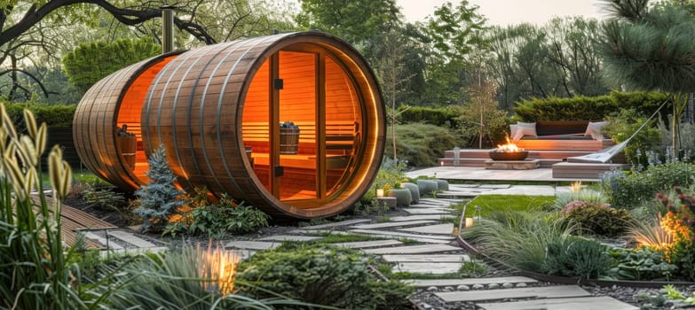 In the garden, a wooden barrel surrounded by grass, trees, and an asphalt road blends into the natural landscape
