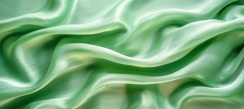 The image showcases a detailed closeup of flowing green satin fabric, highlighting its intricate design and texture