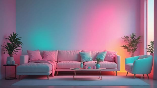 Aesthetic minimalist Cyberpunk interior design with empty wall mockup in vibrant neon color theme.