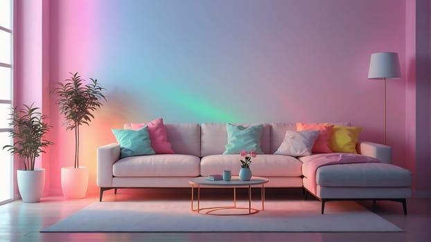 Aesthetic minimalist Cyberpunk interior design with empty wall mockup in vibrant neon color theme.