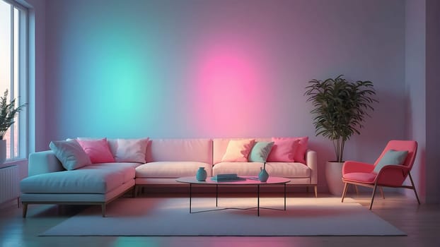 Aesthetic minimalist Cyberpunk interior design with empty wall mockup in vibrant neon color theme.